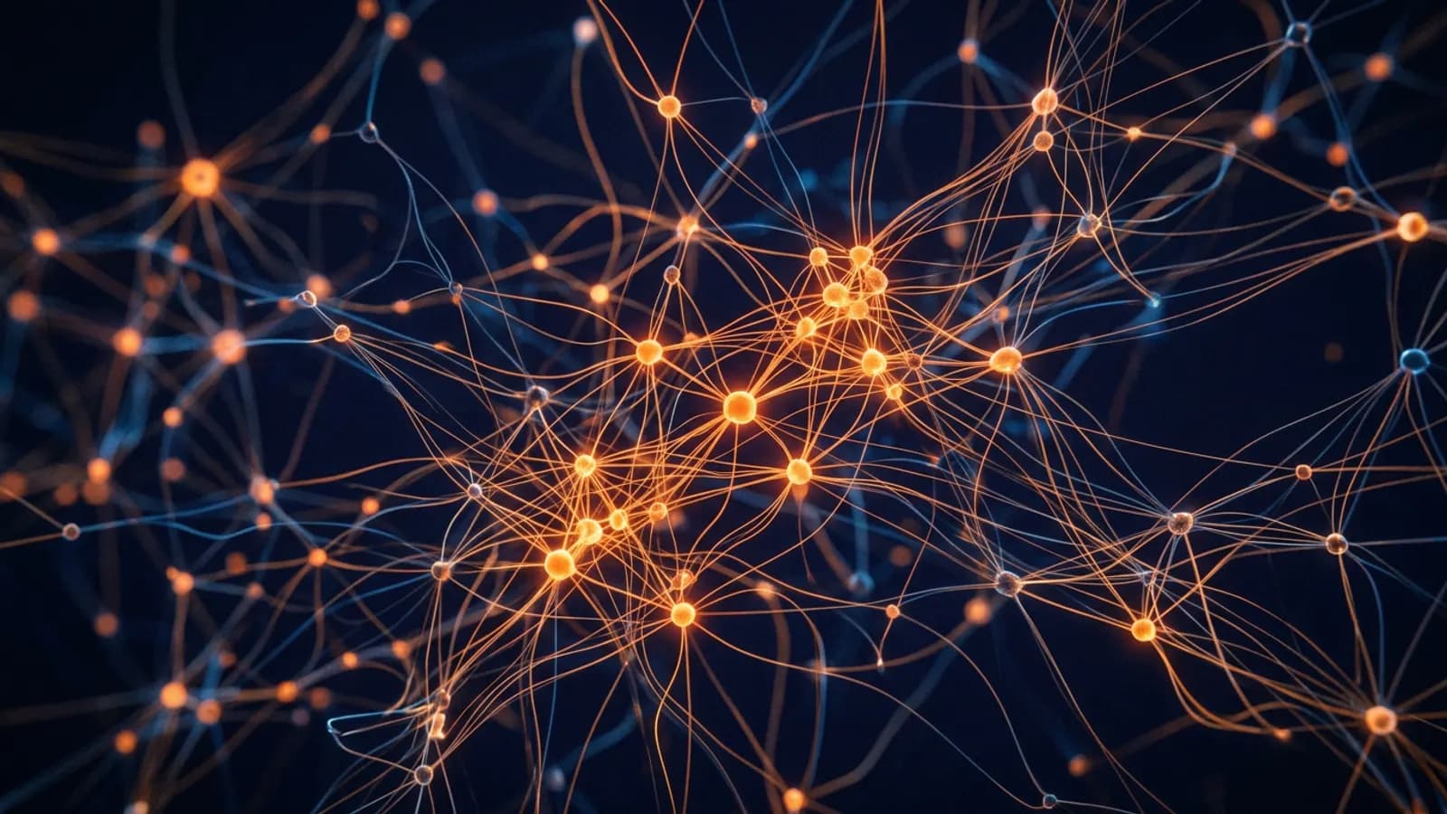 Abstract neural network of glowing orange nodes on deep navy